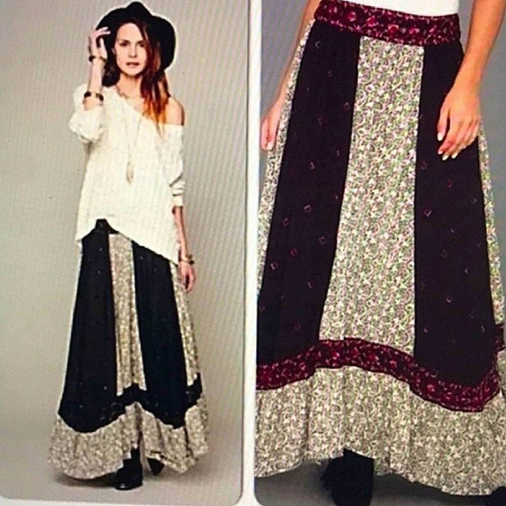 Free People Black and Cream Maxi Skirt